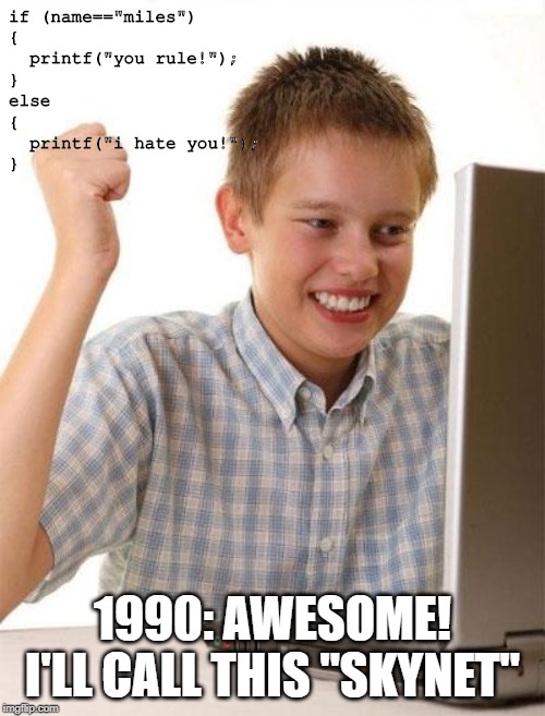 First Day On The Internet Kid | if (name=="miles") 
{
  printf("you rule!"); 
} 
else 
{ 
  printf("i hate you!"); 
}; 1990: AWESOME! I'LL CALL THIS "SKYNET" | image tagged in memes,first day on the internet kid | made w/ Imgflip meme maker