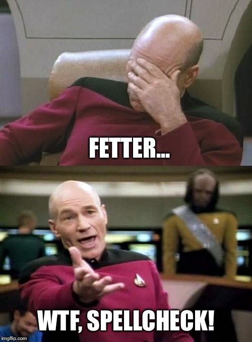 Picard Facepalm WTF Combo | FETTER... WTF, SPELLCHECK! | image tagged in picard facepalm wtf combo | made w/ Imgflip meme maker