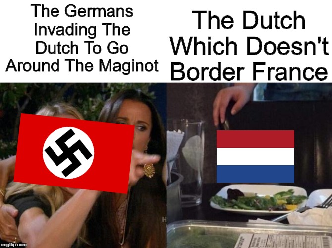 At Least You Get The Satisfaction In HoI4? | The Dutch Which Doesn't Border France; The Germans Invading The Dutch To Go Around The Maginot | image tagged in girl screaming at cat,memes,history | made w/ Imgflip meme maker