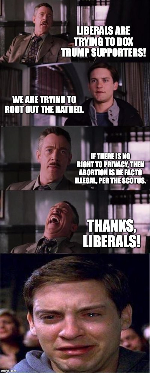 The SCOTUS invented the right to privacy. If there is no privacy, the reasoning used to make abortion legal is null and void. | LIBERALS ARE TRYING TO DOX TRUMP SUPPORTERS! WE ARE TRYING TO ROOT OUT THE HATRED. IF THERE IS NO RIGHT TO PRIVACY, THEN ABORTION IS DE FACTO ILLEGAL, PER THE SCOTUS. THANKS, LIBERALS! | image tagged in 2019,abortion,liberals,morons,hypocrites,illegal | made w/ Imgflip meme maker