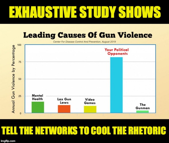 Bet You Never Guessed It | EXHAUSTIVE STUDY SHOWS; TELL THE NETWORKS TO COOL THE RHETORIC | image tagged in gun laws,mental health,video games,mass shootings | made w/ Imgflip meme maker