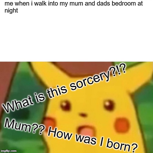 Surprised Pikachu Meme | me when i walk into my mum and dads bedroom at 
night; What is this sorcery?!? Mum?? How was I born? | image tagged in memes,surprised pikachu | made w/ Imgflip meme maker