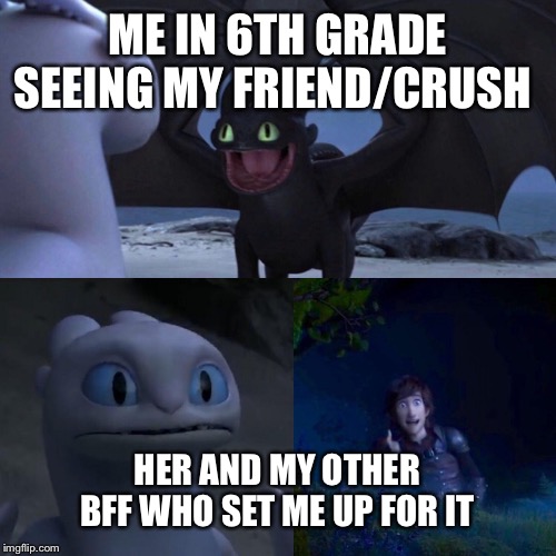 night fury |  ME IN 6TH GRADE SEEING MY FRIEND/CRUSH; HER AND MY OTHER BFF WHO SET ME UP FOR IT | image tagged in night fury | made w/ Imgflip meme maker
