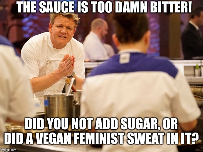 THE SAUCE IS TOO DAMN BITTER! DID YOU NOT ADD SUGAR, OR DID A VEGAN FEMINIST SWEAT IN IT? | image tagged in chef gordon ramsay | made w/ Imgflip meme maker