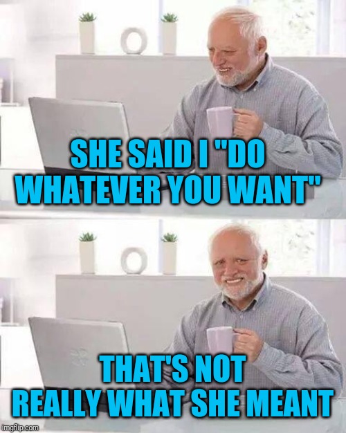 Hide the Pain Harold Meme | SHE SAID I "DO WHATEVER YOU WANT" THAT'S NOT REALLY WHAT SHE MEANT | image tagged in memes,hide the pain harold | made w/ Imgflip meme maker