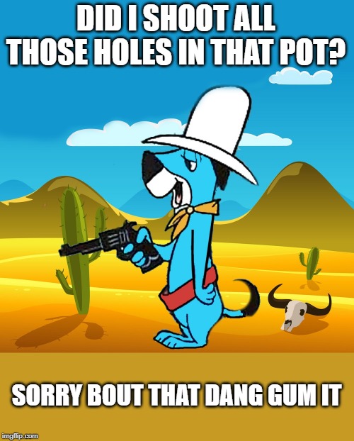 huckleberry | DID I SHOOT ALL THOSE HOLES IN THAT POT? SORRY BOUT THAT DANG GUM IT | image tagged in huckleberry | made w/ Imgflip meme maker