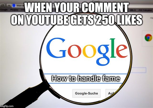 Google search | WHEN YOUR COMMENT ON YOUTUBE GETS 250 LIKES; How to handle fame | image tagged in google search | made w/ Imgflip meme maker