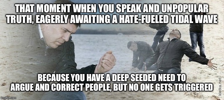 Depression | THAT MOMENT WHEN YOU SPEAK AND UNPOPULAR TRUTH, EAGERLY AWAITING A HATE-FUELED TIDAL WAVE; BECAUSE YOU HAVE A DEEP SEEDED NEED TO ARGUE AND CORRECT PEOPLE, BUT NO ONE GETS TRIGGERED | image tagged in depression | made w/ Imgflip meme maker