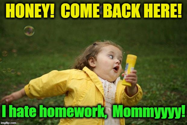 girl running | HONEY!  COME BACK HERE! I hate homework,  Mommyyyy! | image tagged in girl running | made w/ Imgflip meme maker