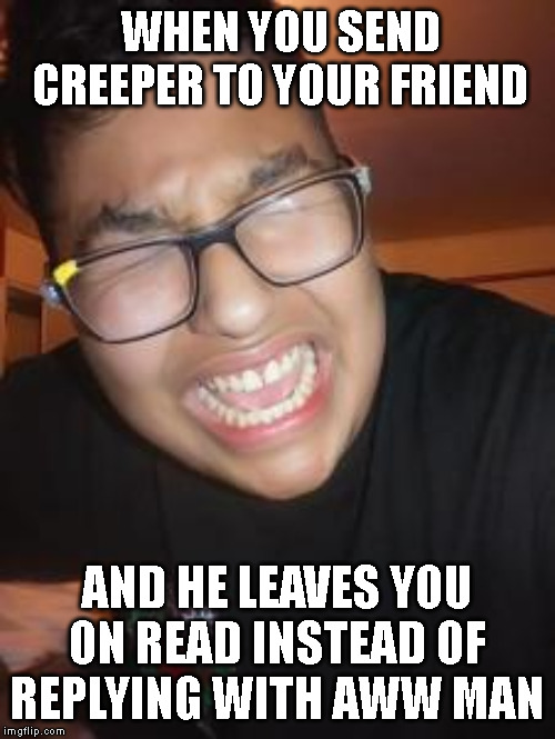 oml this is so not epic | WHEN YOU SEND CREEPER TO YOUR FRIEND; AND HE LEAVES YOU ON READ INSTEAD OF REPLYING WITH AWW MAN | image tagged in sad,mad | made w/ Imgflip meme maker