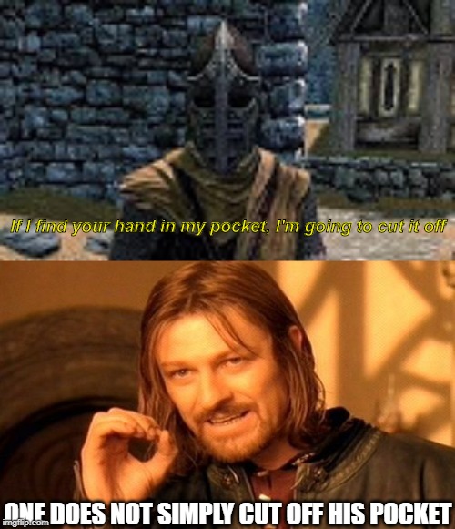 Dumb things Skyrim Guards say | If I find your hand in my pocket, I'm going to cut it off; ONE DOES NOT SIMPLY CUT OFF HIS POCKET | image tagged in memes,one does not simply,skyrim guards be like | made w/ Imgflip meme maker