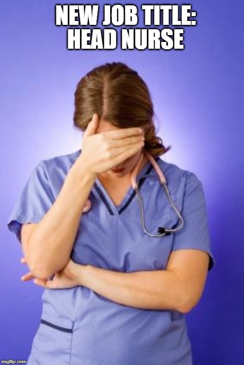 Nurse Facepalm | NEW JOB TITLE:; HEAD NURSE | image tagged in nurse facepalm | made w/ Imgflip meme maker