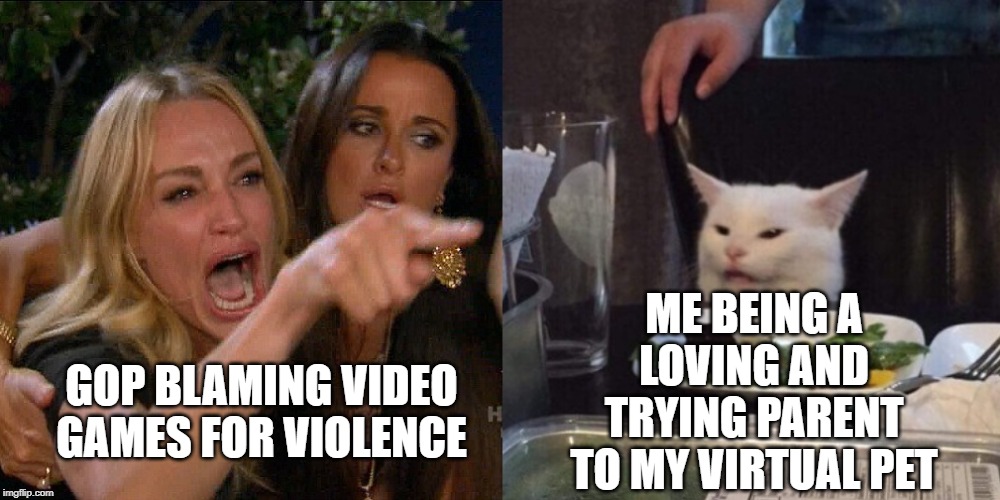 My virtual baby did nothing wrong | ME BEING A LOVING AND TRYING PARENT TO MY VIRTUAL PET; GOP BLAMING VIDEO GAMES FOR VIOLENCE | image tagged in woman yelling at cat,gop,video games | made w/ Imgflip meme maker
