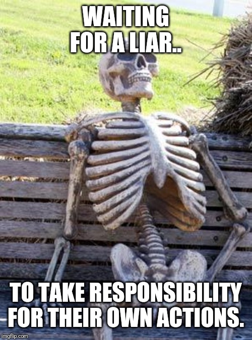 Waiting Skeleton Meme | WAITING FOR A LIAR.. TO TAKE RESPONSIBILITY FOR THEIR OWN ACTIONS. | image tagged in memes,waiting skeleton | made w/ Imgflip meme maker
