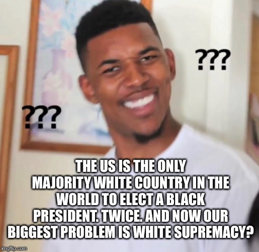 Things that make you go hmmm... | THE US IS THE ONLY MAJORITY WHITE COUNTRY IN THE WORLD TO ELECT A BLACK PRESIDENT. TWICE. AND NOW OUR BIGGEST PROBLEM IS WHITE SUPREMACY? | image tagged in fake news,white supremacy,hoax | made w/ Imgflip meme maker