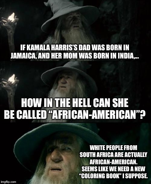 Kamala Harris is NOT African-American. Buy a globe. | IF KAMALA HARRIS’S DAD WAS BORN IN JAMAICA, AND HER MOM WAS BORN IN INDIA,... HOW IN THE HELL CAN SHE BE CALLED “AFRICAN-AMERICAN”? WHITE PEOPLE FROM SOUTH AFRICA ARE ACTUALLY AFRICAN-AMERICAN. SEEMS LIKE WE NEED A NEW “COLORING BOOK” I SUPPOSE. | image tagged in memes,confused gandalf,kamala harris,black,race,fact | made w/ Imgflip meme maker