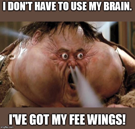 Don't think, feel. | I DON'T HAVE TO USE MY BRAIN. I'VE GOT MY FEE WINGS! | image tagged in big trouble in little china | made w/ Imgflip meme maker