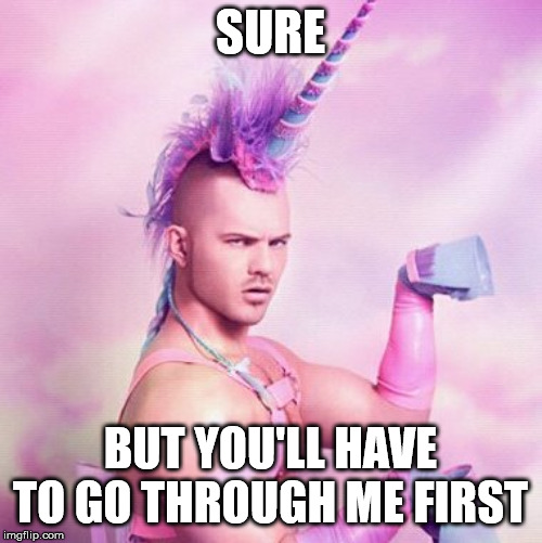 SURE BUT YOU'LL HAVE TO GO THROUGH ME FIRST | image tagged in memes,unicorn man | made w/ Imgflip meme maker