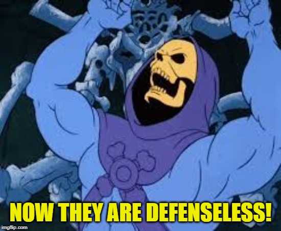 Evil Laugh Skeletor | NOW THEY ARE DEFENSELESS! | image tagged in evil laugh skeletor | made w/ Imgflip meme maker