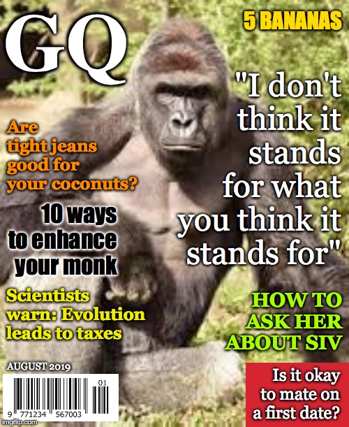 Launching this month! | GQ; 5 BANANAS; "I don't think it stands for what you think it stands for"; Are tight jeans good for your coconuts? 10 ways to enhance your monk; Scientists warn: Evolution leads to taxes; HOW TO ASK HER ABOUT SIV; AUGUST 2019; Is it okay to mate on a first date? | image tagged in memes,gq,ape humor,i don't think it means what you think it means | made w/ Imgflip meme maker