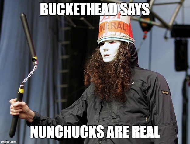 Buckethead Says | BUCKETHEAD SAYS; NUNCHUCKS ARE REAL | image tagged in buckethead,nunchucks | made w/ Imgflip meme maker