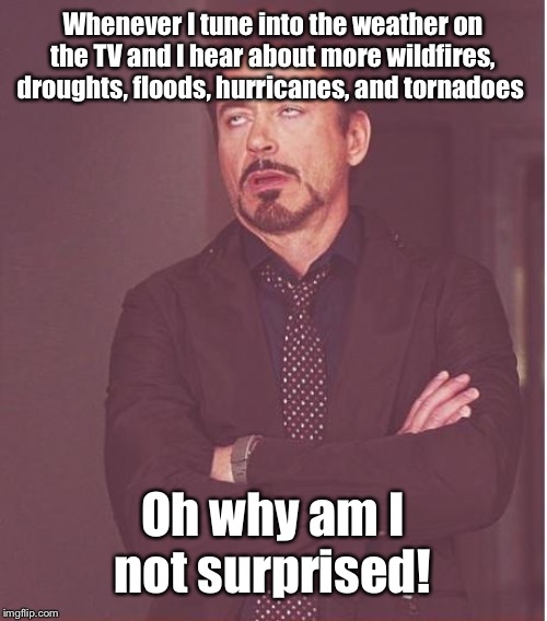 Global warming IS real dear people whom do not believe that global warming exists! | Whenever I tune into the weather on the TV and I hear about more wildfires, droughts, floods, hurricanes, and tornadoes; Oh why am I not surprised! | image tagged in memes,face you make robert downey jr | made w/ Imgflip meme maker