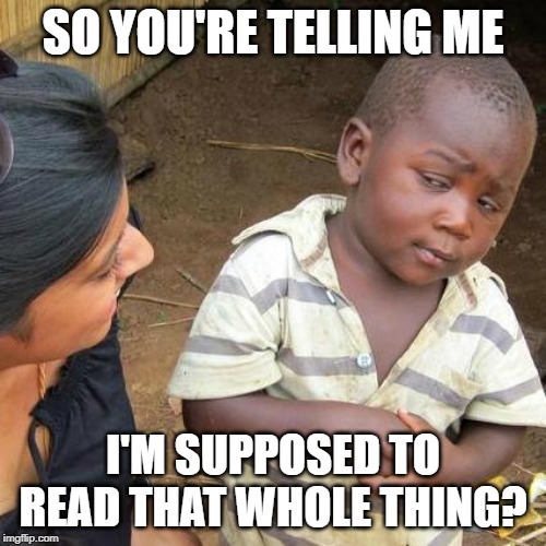 Third World Skeptical Kid | SO YOU'RE TELLING ME; I'M SUPPOSED TO READ THAT WHOLE THING? | image tagged in memes,third world skeptical kid | made w/ Imgflip meme maker