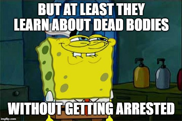 Don't You Squidward Meme | BUT AT LEAST THEY LEARN ABOUT DEAD BODIES WITHOUT GETTING ARRESTED | image tagged in memes,dont you squidward | made w/ Imgflip meme maker