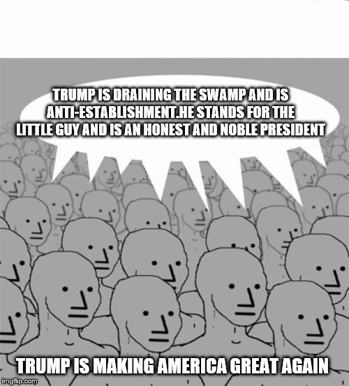 NPCProgramScreed | TRUMP IS DRAINING THE SWAMP AND IS ANTI-ESTABLISHMENT.HE STANDS FOR THE LITTLE GUY AND IS AN HONEST AND NOBLE PRESIDENT TRUMP IS MAKING AMER | image tagged in npcprogramscreed | made w/ Imgflip meme maker