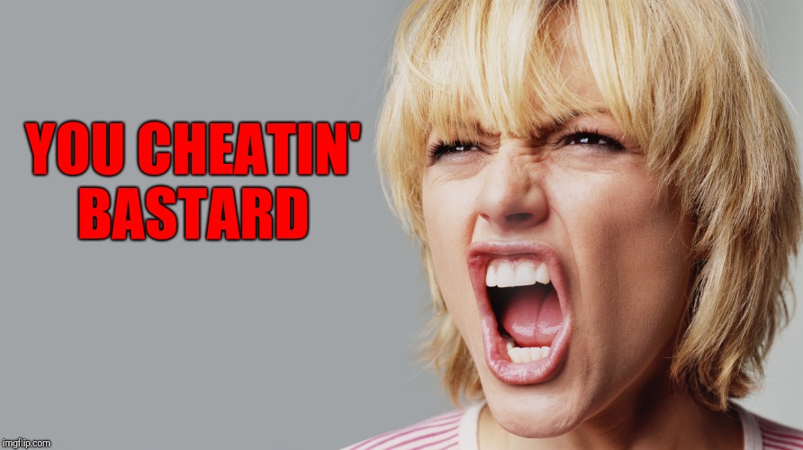 Angry Woman Yelling | YOU CHEATIN' BASTARD | image tagged in angry woman yelling | made w/ Imgflip meme maker