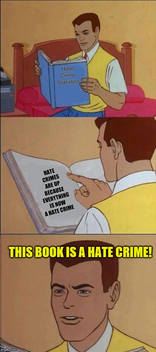 Book of Idiots | Hate Crime Statistics HATE CRIMES ARE UP BECAUSE EVERYTHING IS NOW A HATE CRIME THIS BOOK IS A HATE CRIME! | image tagged in book of idiots | made w/ Imgflip meme maker