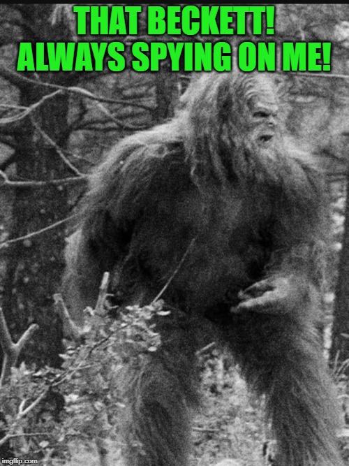 Big foot | THAT BECKETT! ALWAYS SPYING ON ME! | image tagged in big foot | made w/ Imgflip meme maker