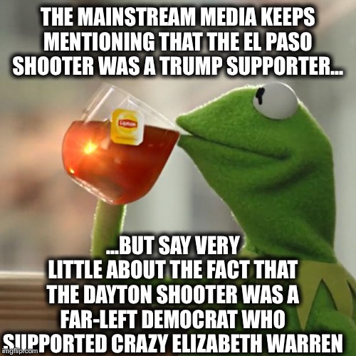 But That's None Of My Business | THE MAINSTREAM MEDIA KEEPS MENTIONING THAT THE EL PASO SHOOTER WAS A TRUMP SUPPORTER... ...BUT SAY VERY LITTLE ABOUT THE FACT THAT THE DAYTON SHOOTER WAS A FAR-LEFT DEMOCRAT WHO SUPPORTED CRAZY ELIZABETH WARREN | image tagged in memes,but thats none of my business,kermit the frog,mainstream media,cnn fake news,elizabeth warren | made w/ Imgflip meme maker