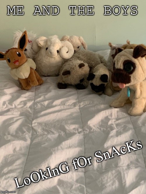 Me and the boys | ME AND THE BOYS; LoOkInG fOr SnAcKs | image tagged in snacks,me and the boys | made w/ Imgflip meme maker