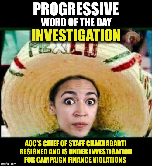 Chakrabarti allegedly diverted over $1 million dollars to companies that he controls | INVESTIGATION; AOC’S CHIEF OF STAFF CHAKRABARTI RESIGNED AND IS UNDER INVESTIGATION FOR CAMPAIGN FINANCE VIOLATIONS | image tagged in progressive word of the day,aoc,chakrabarti | made w/ Imgflip meme maker