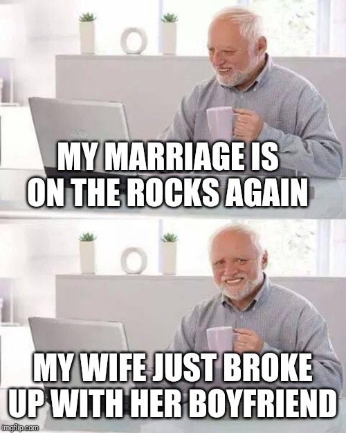 Hide the Pain Harold | MY MARRIAGE IS ON THE ROCKS AGAIN; MY WIFE JUST BROKE UP WITH HER BOYFRIEND | image tagged in memes,hide the pain harold | made w/ Imgflip meme maker