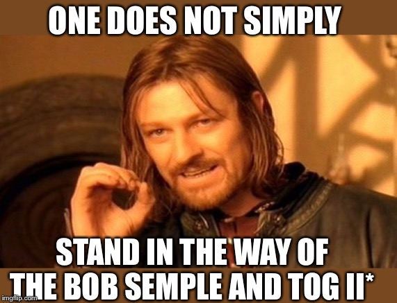 One Does Not Simply | ONE DOES NOT SIMPLY; STAND IN THE WAY OF THE BOB SEMPLE AND TOG II* | image tagged in memes,one does not simply | made w/ Imgflip meme maker