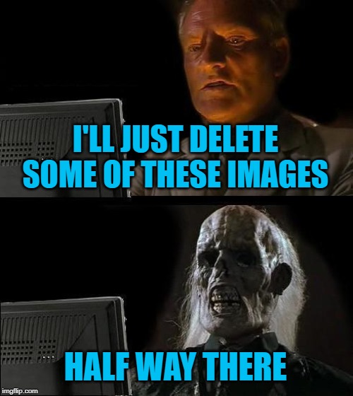 I'll Just Wait Here Meme | I'LL JUST DELETE SOME OF THESE IMAGES HALF WAY THERE | image tagged in memes,ill just wait here | made w/ Imgflip meme maker