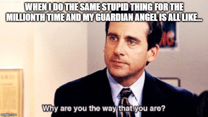 Why are you the way that you are | WHEN I DO THE SAME STUPID THING FOR THE MILLIONTH TIME AND MY GUARDIAN ANGEL IS ALL LIKE... | image tagged in why are you the way that you are | made w/ Imgflip meme maker