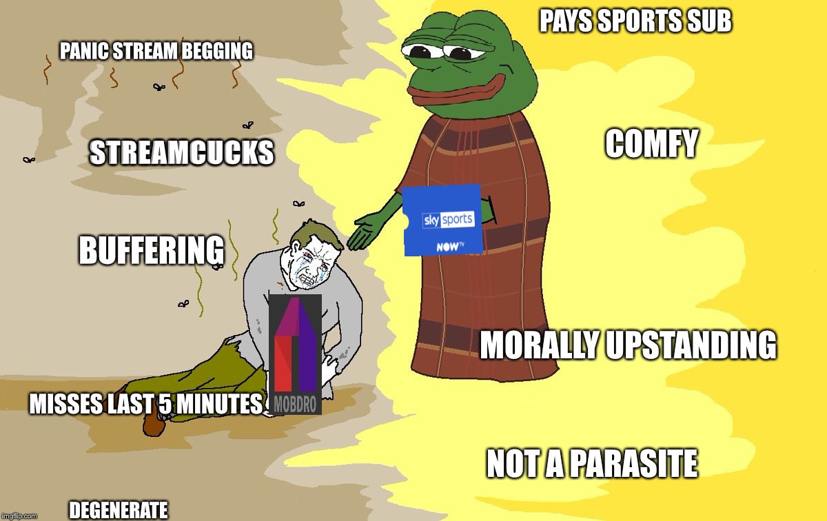 Saint Pepe | PANIC STREAM BEGGING; PAYS SPORTS SUB; COMFY; STREAMCUCKS; BUFFERING; MORALLY UPSTANDING; MISSES LAST 5 MINUTES; NOT A PARASITE; DEGENERATE | image tagged in saint pepe | made w/ Imgflip meme maker