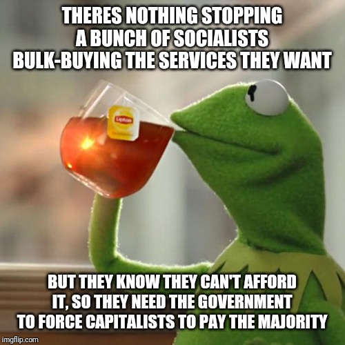 Pretty easy to prove me wrong.. like, by buying your own services, rather than begging me.. | THERES NOTHING STOPPING A BUNCH OF SOCIALISTS BULK-BUYING THE SERVICES THEY WANT; BUT THEY KNOW THEY CAN'T AFFORD IT, SO THEY NEED THE GOVERNMENT TO FORCE CAPITALISTS TO PAY THE MAJORITY | image tagged in memes,but thats none of my business,kermit the frog | made w/ Imgflip meme maker