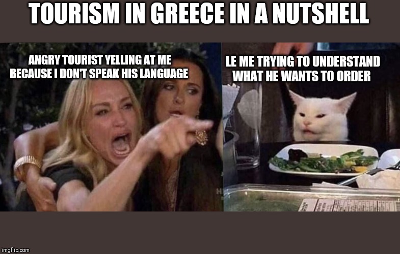 woman yelling at cat | TOURISM IN GREECE IN A NUTSHELL; ANGRY TOURIST YELLING AT ME BECAUSE I DON'T SPEAK HIS LANGUAGE; LE ME TRYING TO UNDERSTAND WHAT HE WANTS TO ORDER | image tagged in woman yelling at cat | made w/ Imgflip meme maker