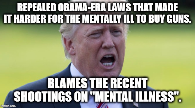 The NON-Thinking Person's President | REPEALED OBAMA-ERA LAWS THAT MADE IT HARDER FOR THE MENTALLY ILL TO BUY GUNS. BLAMES THE RECENT SHOOTINGS ON "MENTAL ILLNESS". | image tagged in donald trump,guns,gun control,shootings,impeach,mental illness | made w/ Imgflip meme maker