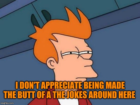 Futurama Fry Meme | I DON'T APPRECIATE BEING MADE THE BUTT OF A THE JOKES AROUND HERE | image tagged in memes,futurama fry | made w/ Imgflip meme maker