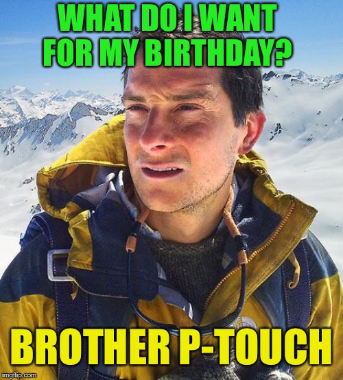 Bear Grylls |  WHAT DO I WANT FOR MY BIRTHDAY? BROTHER P-TOUCH | image tagged in memes,bear grylls | made w/ Imgflip meme maker