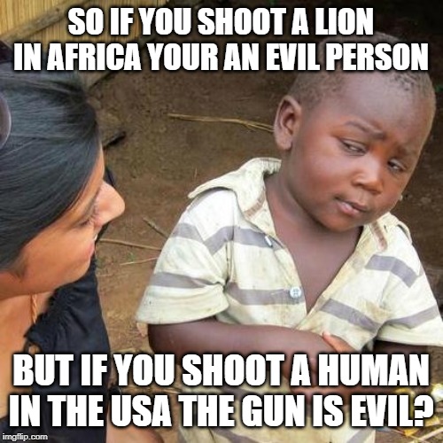 Third World Skeptical Kid Meme | SO IF YOU SHOOT A LION IN AFRICA YOUR AN EVIL PERSON; BUT IF YOU SHOOT A HUMAN IN THE USA THE GUN IS EVIL? | image tagged in memes,third world skeptical kid | made w/ Imgflip meme maker