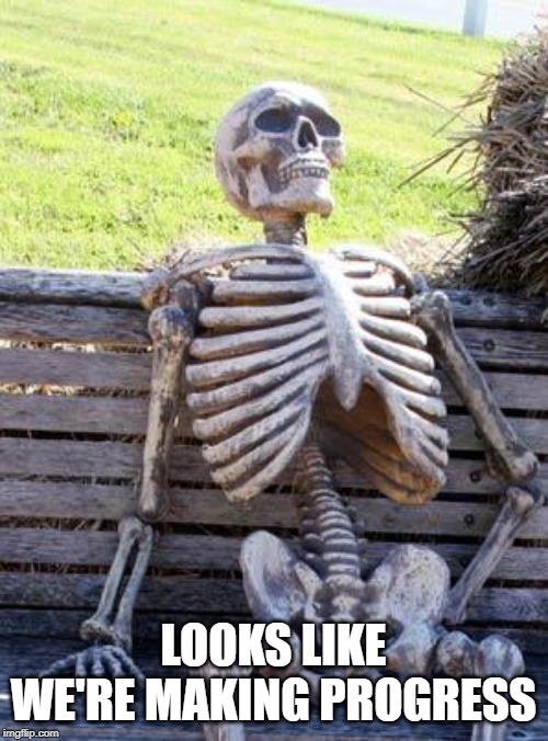 Waiting Skeleton Meme | LOOKS LIKE WE'RE MAKING PROGRESS | image tagged in memes,waiting skeleton | made w/ Imgflip meme maker