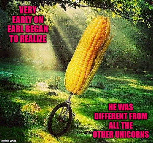 What a corny joke! | VERY EARLY ON EARL BEGAN TO REALIZE; HE WAS DIFFERENT FROM ALL THE OTHER UNICORNS | image tagged in unicorn,memes,corn,funny,unicycle,different | made w/ Imgflip meme maker
