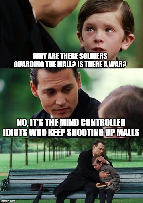 Using terrorism to create a police state | WHY ARE THERE SOLDIERS GUARDING THE MALL? IS THERE A WAR? NO, IT'S THE MIND CONTROLLED IDIOTS WHO KEEP SHOOTING UP MALLS | image tagged in memes,finding neverland | made w/ Imgflip meme maker