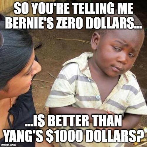 Andrew Yang UBI vs. Bernie | SO YOU'RE TELLING ME BERNIE'S ZERO DOLLARS... ...IS BETTER THAN YANG'S $1000 DOLLARS? | image tagged in memes,third world skeptical kid,bernie,bernie sanders,andrew yang | made w/ Imgflip meme maker